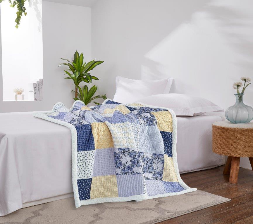 Virah Bella - Garden Walk in Bluebell - Quilted Sherpa Throw Blanket 50"x60"