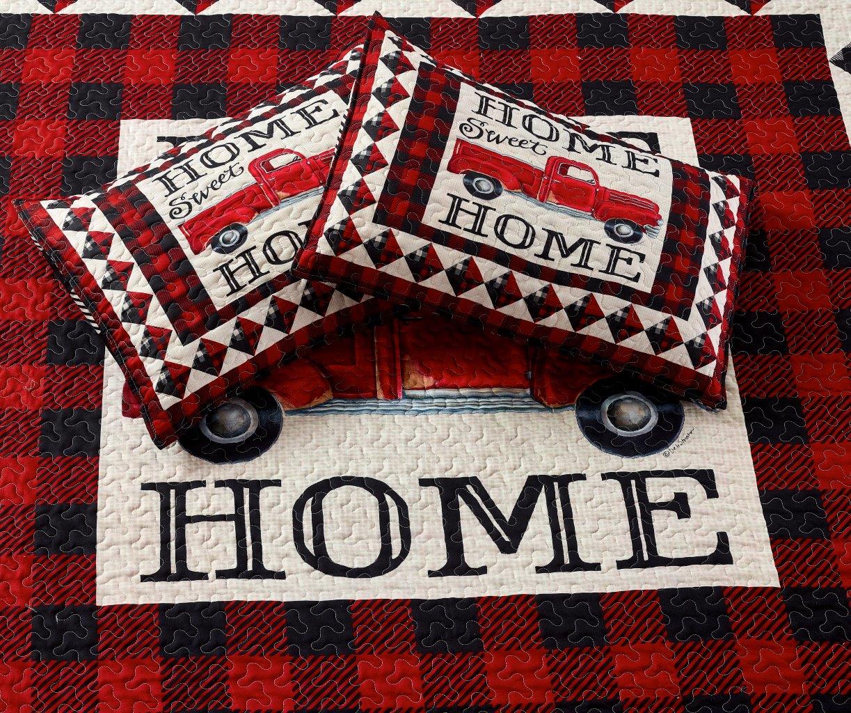 Virah Bella - Red Truck Home Sweet Home - Lightweight Reversible Quilt Set with Decorative Pillow Shams