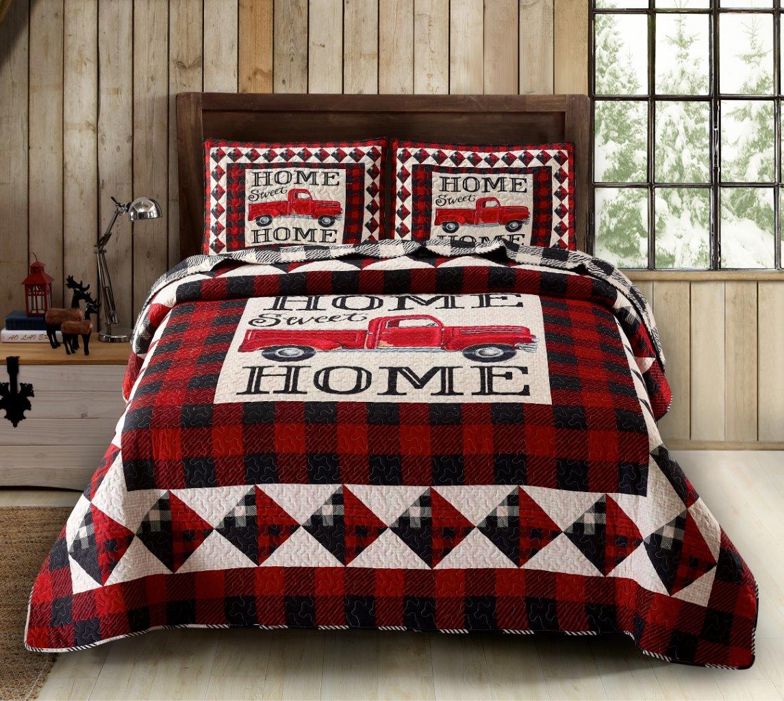 Virah Bella - Red Truck Home Sweet Home - Lightweight Reversible Quilt Set with Decorative Pillow Shams