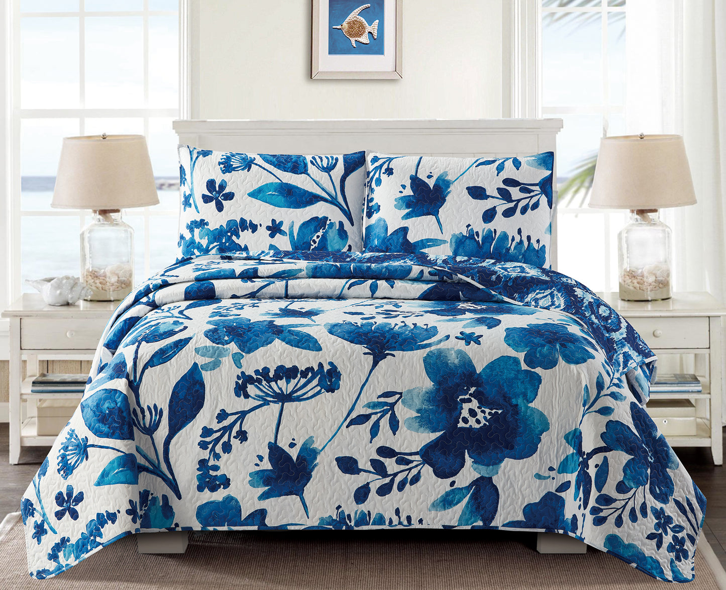 Virah Bella - Indigo Botanical - Lightweight Reversible Quilt Set with Decorative Pillow Shams
