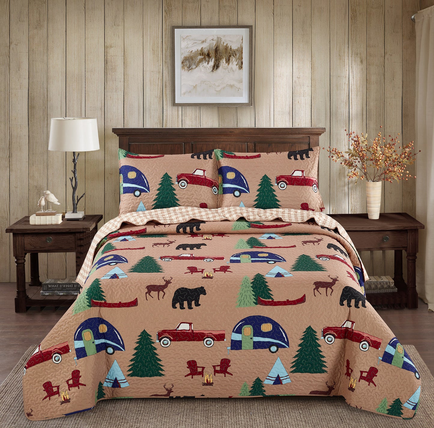Virah Bella - Woodland Campin' - Lightweight Reversible Quilt Set with Decorative Pillow Shams