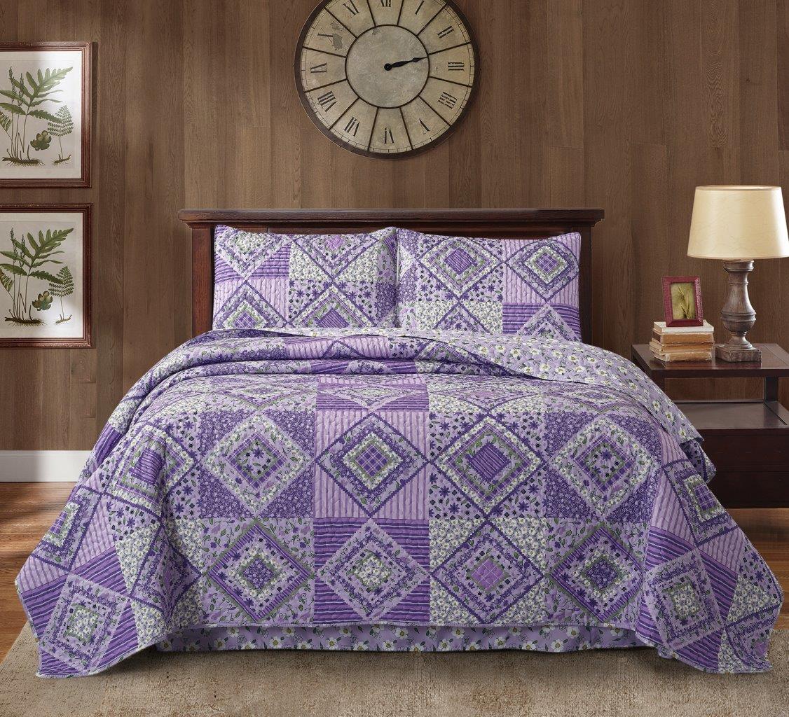 Virah Bella - Lavender Fields - Lightweight Reversible Quilt Set with Decorative Pillow Shams