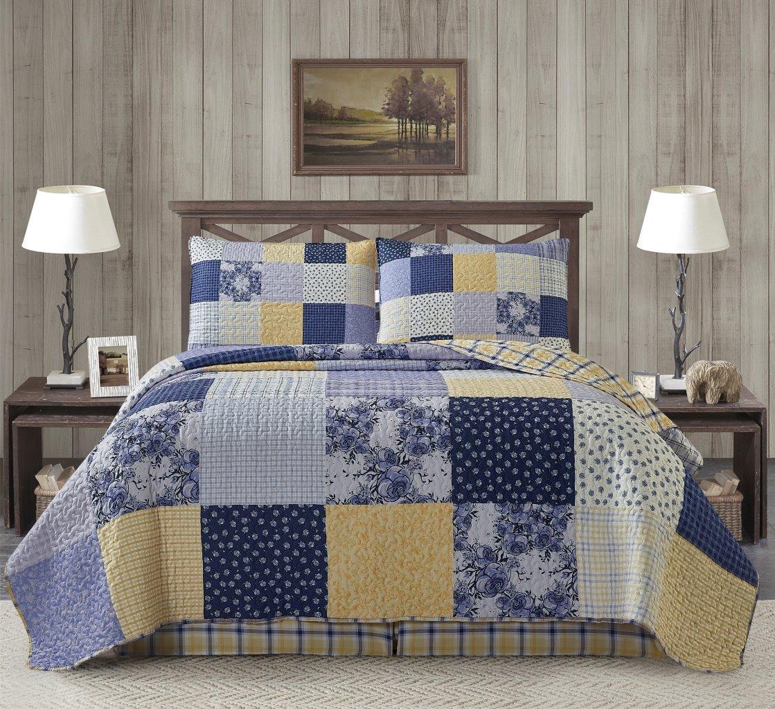 Virah Bella - Garden Walk in Bluebell - Lightweight Reversible Quilt Set with Decorative Pillow Shams