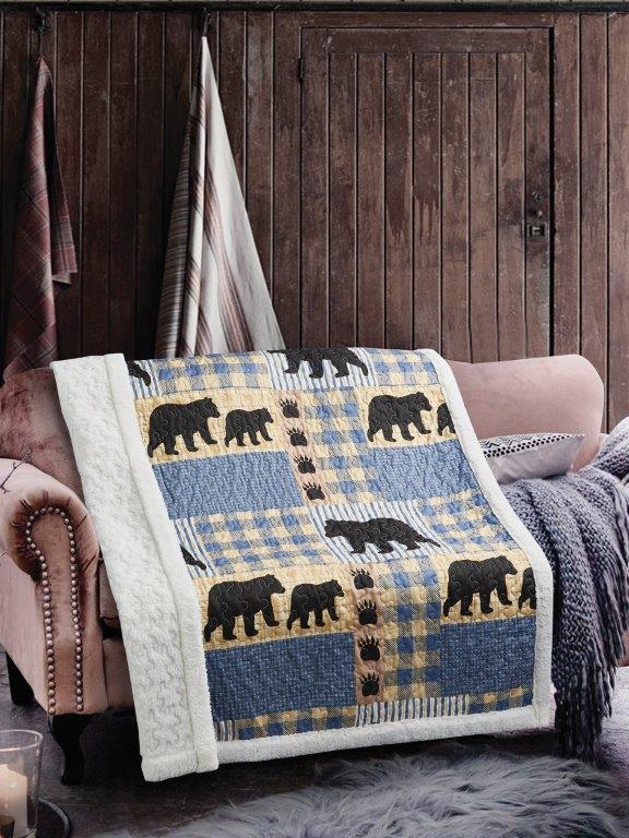Virah Bella - Black Bear Plaid - Quilted Sherpa Throw Blanket 50"x60"