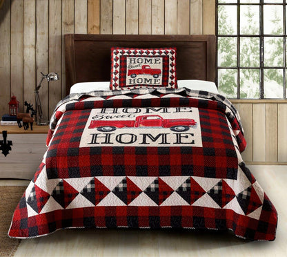 Virah Bella - Red Truck Home Sweet Home - Lightweight Reversible Quilt Set with Decorative Pillow Shams