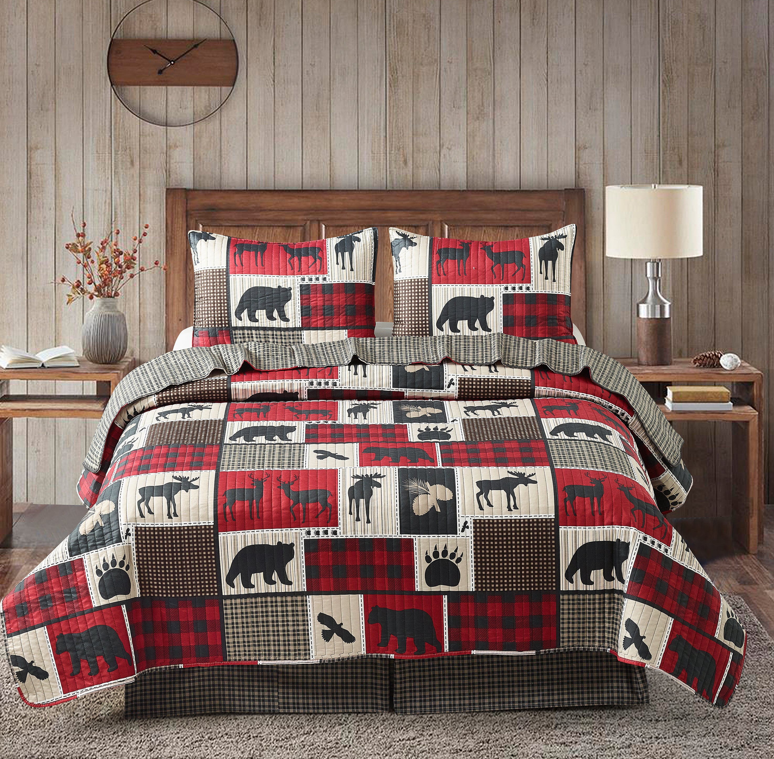 Virah Bella 3 PC King outlets Quilt Set “Stitched Forest” Vermilion NWT