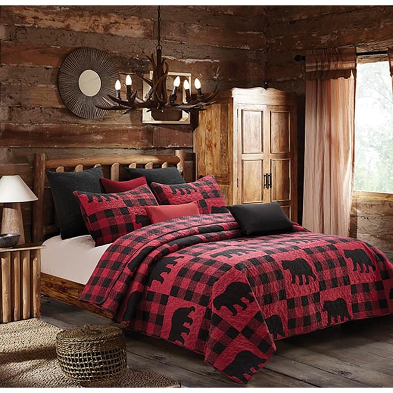 Virah Bella - Buffalo Bear Plaid Red and Black - Lightweight Reversible Quilt Set with Decorative Pillow Shams