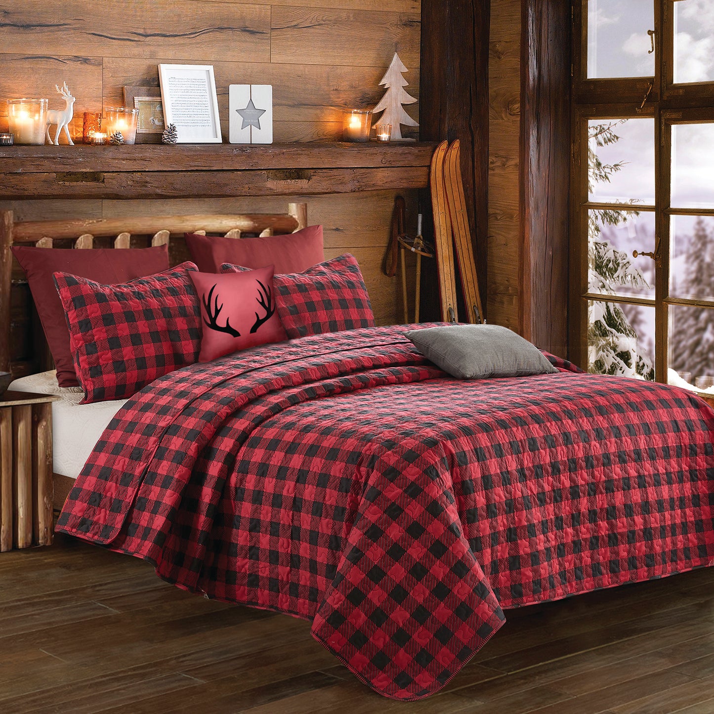 Virah Bella - Red and Black Plaid - Lightweight Reversible Quilt Set with Decorative Shams