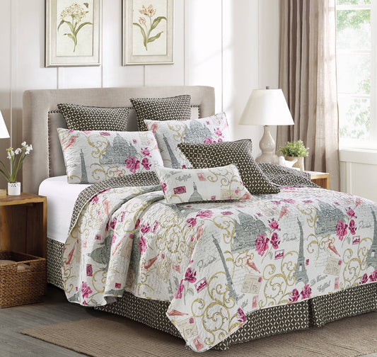 Virah Bella - Paris Love - Lightweight Reversible Quilt Set with Decorative Pillow Shams