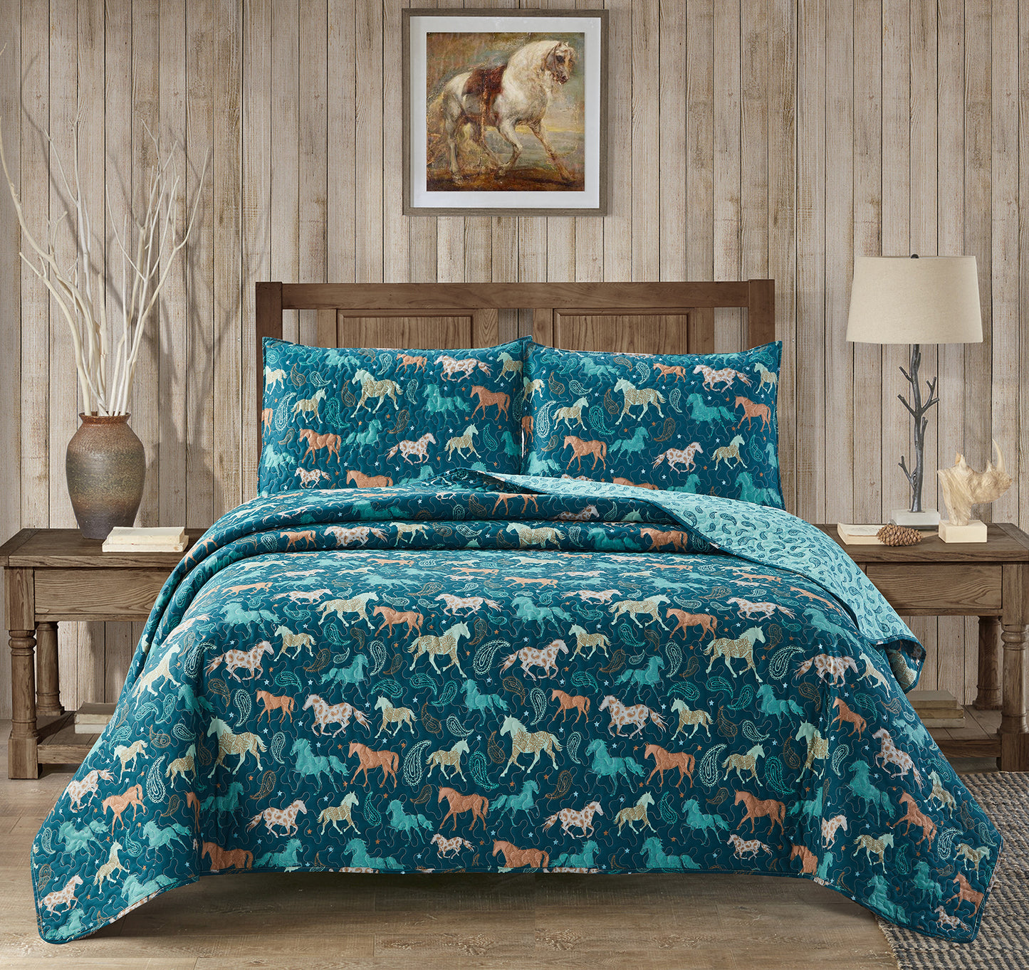 Virah Bella - Horses Free - Lightweight Reversible Quilt Set with Decorative Pillow Shams