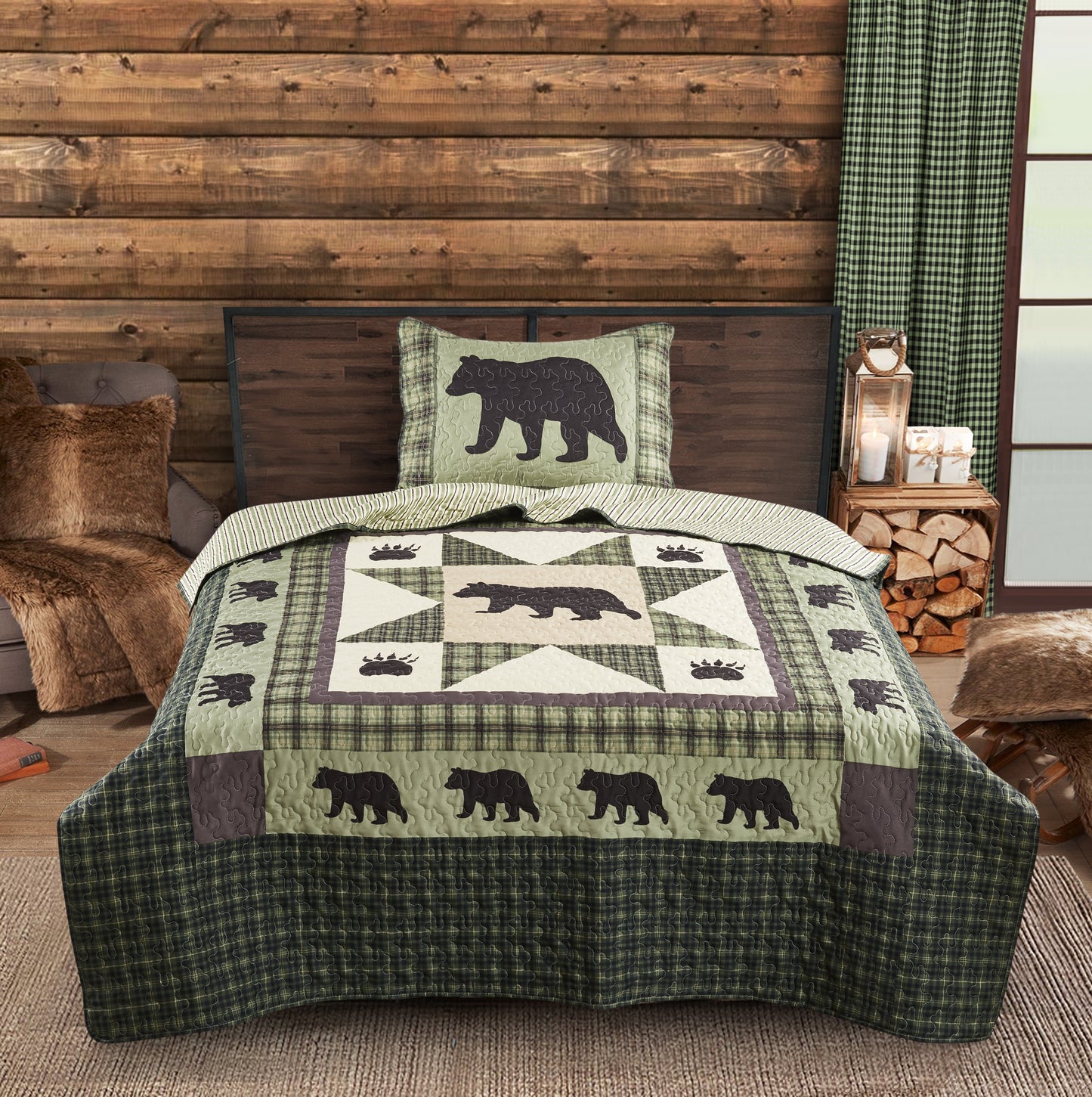 Virah Bella - Bear Star - Lightweight Reversible Quilt Set with Decorative Pillow Shams