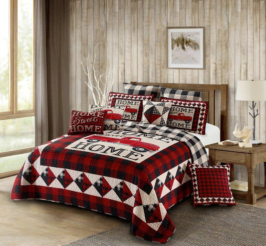 Virah Bella - Red Truck Home Sweet Home - Lightweight Reversible Quilt Set with Decorative Pillow Shams