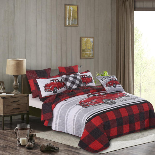 Virah Bella - Farm Life Red and Black Plaid - Lightweight Reversible Quilt Set with Decorative Pillow Shams