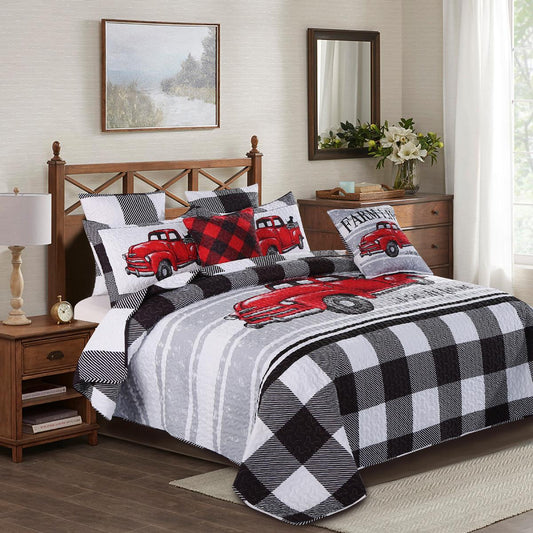 Virah Bella - Farm Life White and Black Plaid - Lightweight Reversible Quilt Set with Decorative Pillow Shams