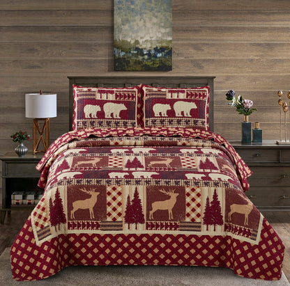 Virah Bella - Autumn Forest Burgundy - Lightweight Reversible Quilt Set with Decorative Pillow Shams