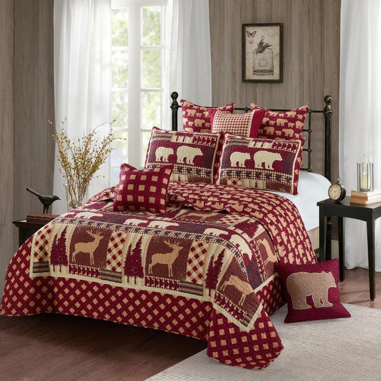 Virah Bella - Autumn Forest Burgundy - Lightweight Reversible Quilt Set with Decorative Pillow Shams