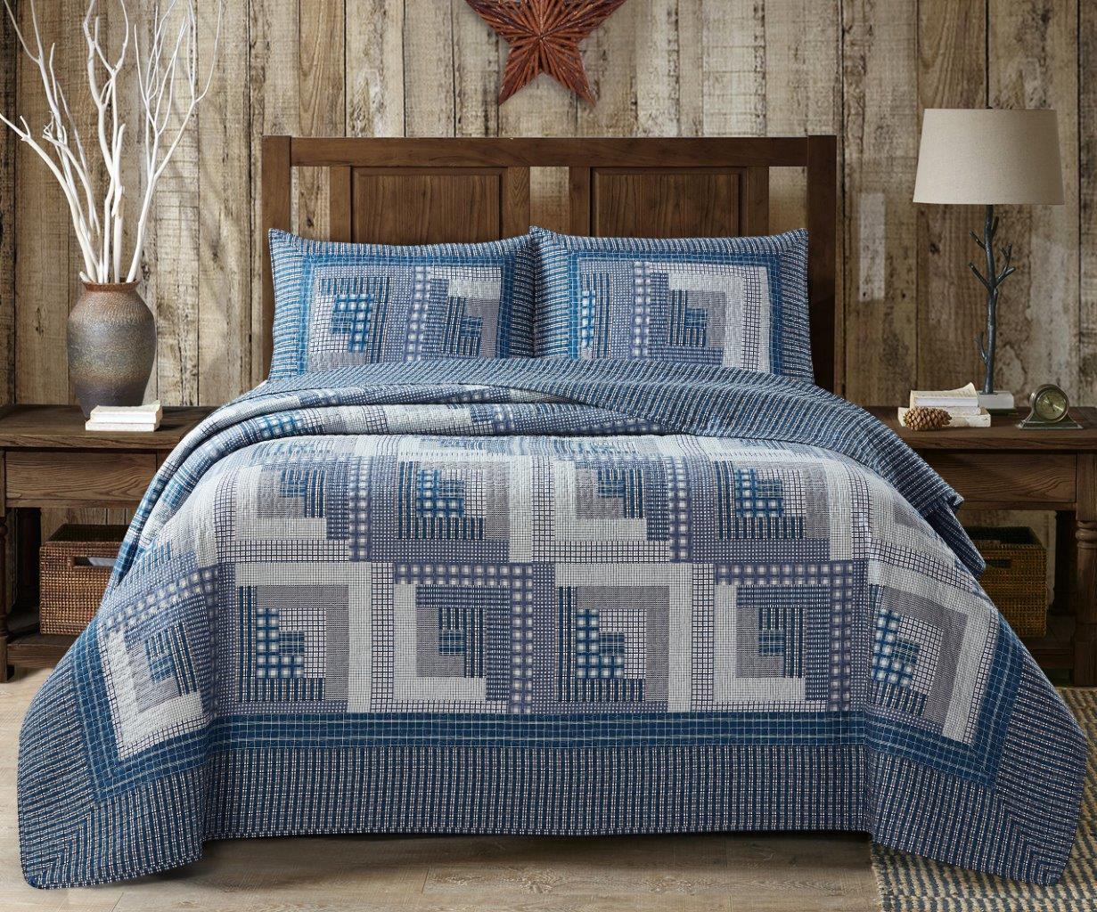 Virah Bella - Montana Cabin Blue/Grey - Lightweight Reversible Quilt Set with Decorative Pillow Shams