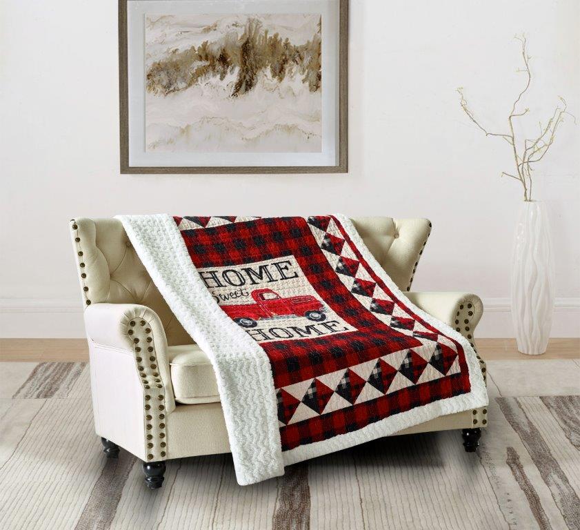 Virah Bella - Red Truck Home Sweet Home - Quilted Sherpa Throw Blanket 50"x60"